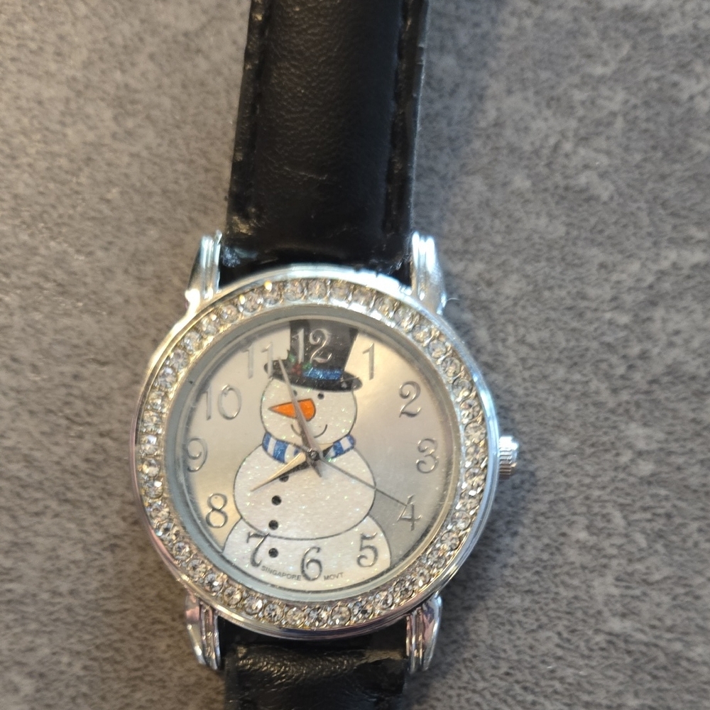 Snowman Watch with Black Leather Strap